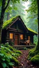 Moss covered wooden beams surround a cozy cabin, moss, forest