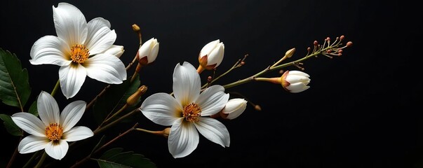 Black and white flower arrangement with long golden stems on a dark background, black, white, abstract