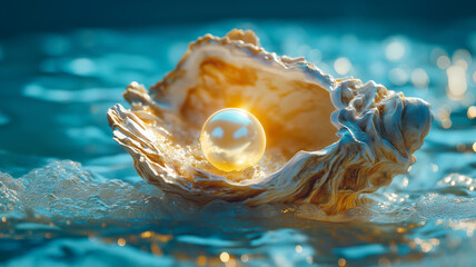 glowing pearl inside open oyster shell on shimmering water