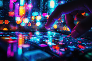 Close-up of a hand swiping through social media while vibrant city lights create a dynamic backdrop at night