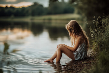 Fototapeta premium Young girl enjoying a peaceful moment by the lakeside at sunset with reflections on the water
