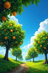 Citrus trees stretch towards sky amidst scattered clouds, branches, nature