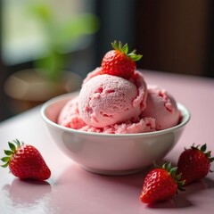 Scoop of strawberry ice cream in a bowl on a table, sweet, frozen treat