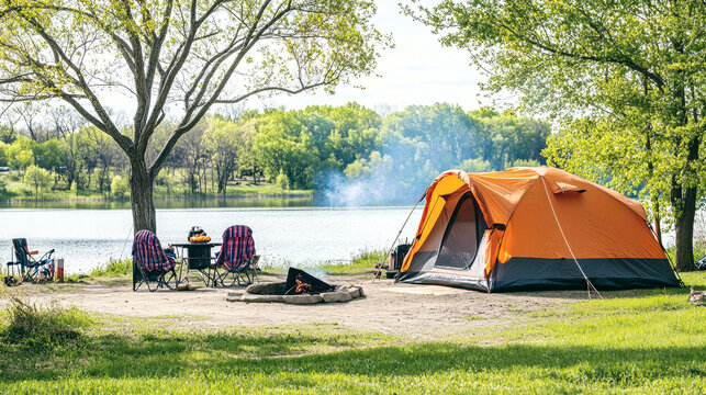 Cozy camping tent by a peaceful lake with campers grilling food during springtime