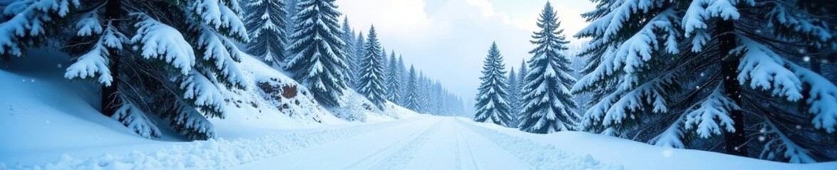 Obraz premium Mountain road with heavy snowfall and pine trees, whiteout, snowflakes, cold weather
