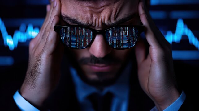 Frustrated businessman wearing glasses, stressed by data overload and technology challenges in a digital environment.