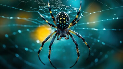 Ornate spider on vibrant web, bokeh background