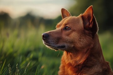 Dog resting in a grassy field during sunset with a serene expression