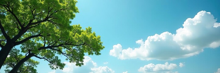 Fototapeta premium Dark branches stretch against the pale blue sky with a few fluffy white clouds, green, brown