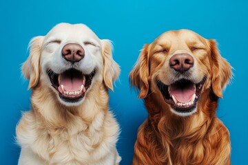 Two joyful dogs with closed eyes smiling happily against a bright blue background