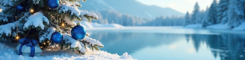 Snowy tree with blue ornaments and gold ribbons, Christmas decorations, frozen lake, blue gift wrap