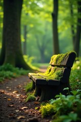 Woodland benches with moss and lichen growing on them, trees, moss