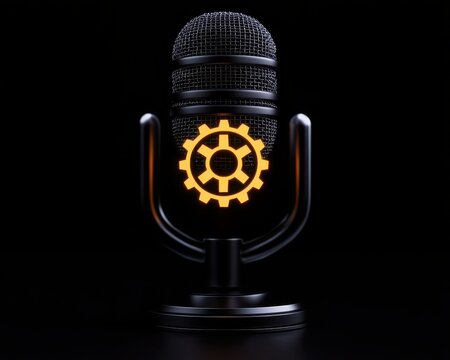 High-quality microphone with a gear symbol, ideal for podcasts or tech-related content.