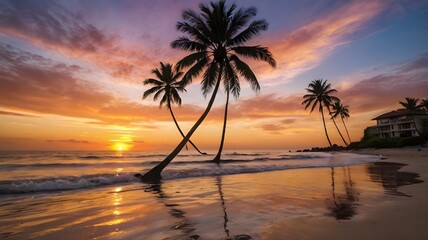 Fototapeta premium Vibrant sunset over a calm beach with gentle waves, colorful sky, silhouettes of palm trees, peaceful, serene atmosphere.