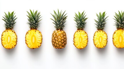 Fresh Pineapples Halved and Whole on White Background Display