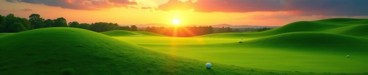 Rolling green hills fade into the sky at sunset with a few golf balls scattered on the lush grass, golf balls, golf club course, field