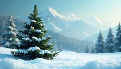 Snowy landscape with a majestic green fluffy Christmas tree, branches, flakes, fluff