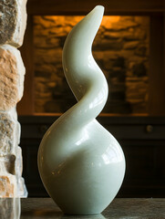 Obraz premium Abstract swirling sculpture in lobby, stone wall background, interior design