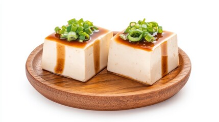 Delicious Tofu Dish with Green Onions on Wooden Serving Plate