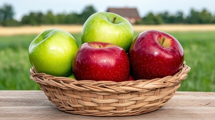Fresh Green and Red Apples in a Basket Surrounded by Nature
