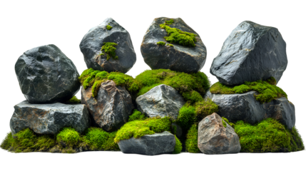 Mossy Rocks Natural Stone Texture, Zen Gray Pile for Decor and Nature Scenes, isolated on transparent background.
