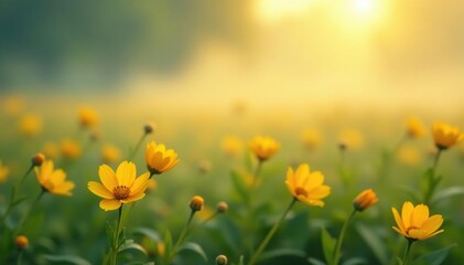 Fototapeta premium Softly lit yellow petals spill across a misty morning scene, cloudy, flowers