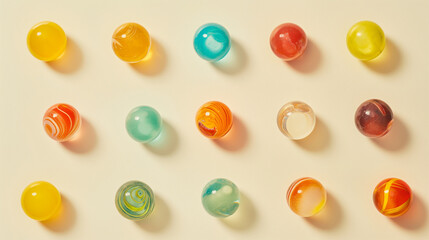 Fototapeta premium Collection of colorful glass marbles arranged in a grid pattern on a light pastel background
