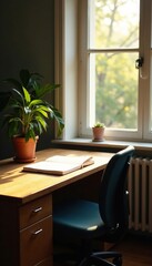Fototapeta premium Natural light pours through the window onto wooden desks, quiet, peaceful