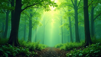 Naklejka premium Ombre forest background with gradient of green hues and earthy tones, forest floor, natural scenery, foliage