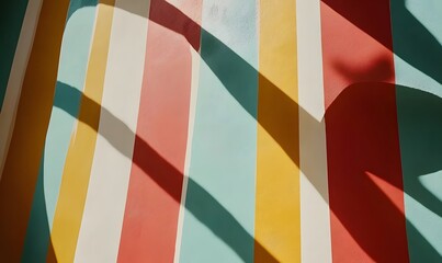 Fototapeta premium Colorful striped wall, sunlight shadows, interior design, playful background, home decor