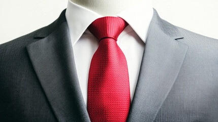 Stylish minimalist grey business suit with a striking red tie displayed on a mannequin
