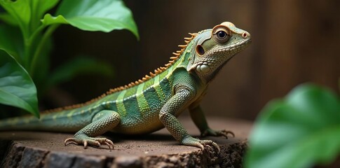 Naklejka premium Scaly lizard blends with rustic wooden background, natural textures, reptiles, leaves