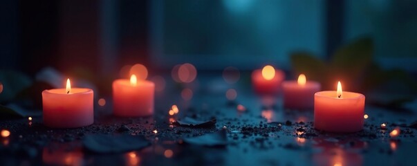 Softly glowing candles illuminate a serene background, mysterious, atmospheric