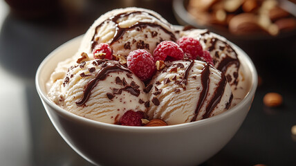 Dessert of ice cream balls in a bowl. Advertising photo of ice cream. Ice cream for a cookbook .