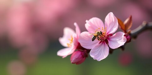 A single pink cherry blossom on a branch with a tiny bee collecting pollen, garden, bee