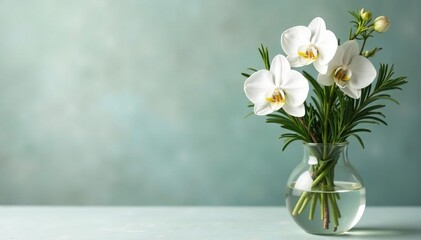 Fresh rosemary sprigs and white orchids in a glass vase with eucalyptus leaves, rosemary, herb