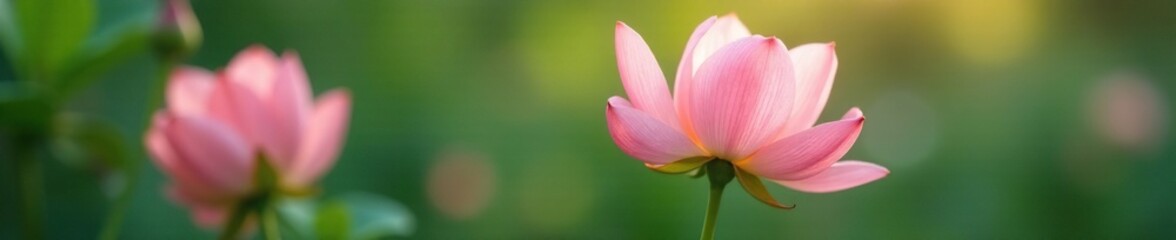 Fototapeta premium Pastel pink petals unfolding on a lush green stem, horticulture, botanicals, flower stems