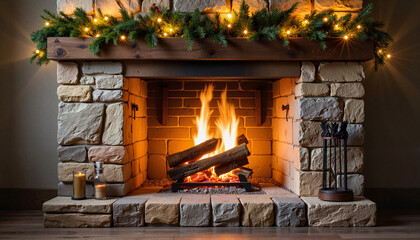 Cozy fireplace glowing with logs and garlands, winter warmth