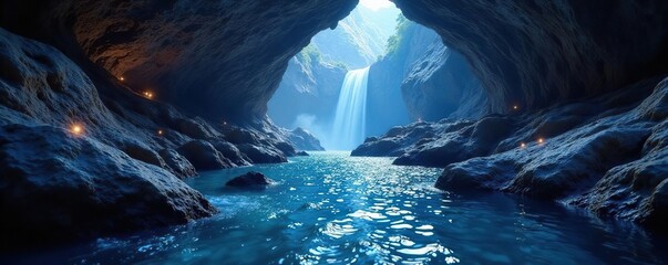 Sparkling water flows through crystal caverns, serene environment, cave scenery, mystical atmosphere