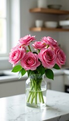 stunning bouquet of pink flowers in a clear crystal vase on a marble countertop, kitchen decor, stunning, vase