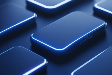 Multiple sleek devices with glowing edges on a dark surface reflecting modern technology