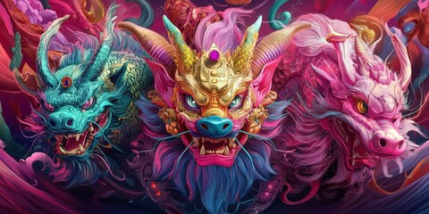 Fototapeta premium Colorful dragons, vibrant background, fantasy art, digital illustration.