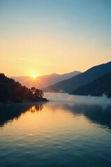 Golden hour mist rising from a calm lake amidst rolling hills and distant mountains, sky evening landscape, rolling hills