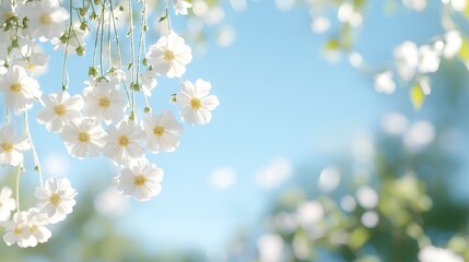 Cascading white flowers, sunny garden, bokeh background, spring nature