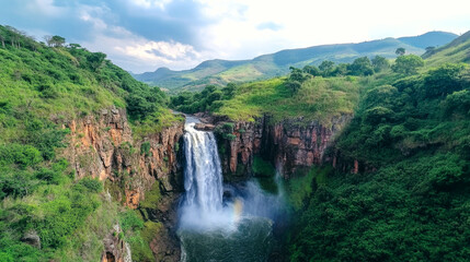 Majestic waterfall cascading through lush green mountains with a vibrant rainbow in the mist