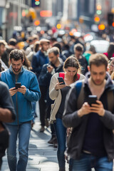 Crowd of people walking on a busy city street. People holding phones and looking at screens. Digital detox and addiction to social media concept.