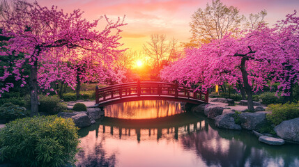 Fototapeta premium Romantic sunset in a Japanese garden with glowing sakura trees and a wooden bridge