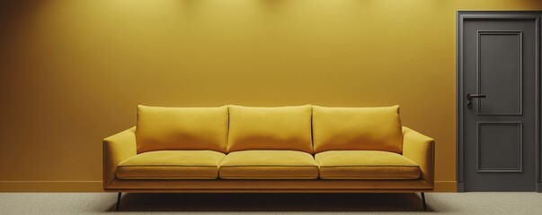 A mustard yellow sofa against a slate gray wall and door