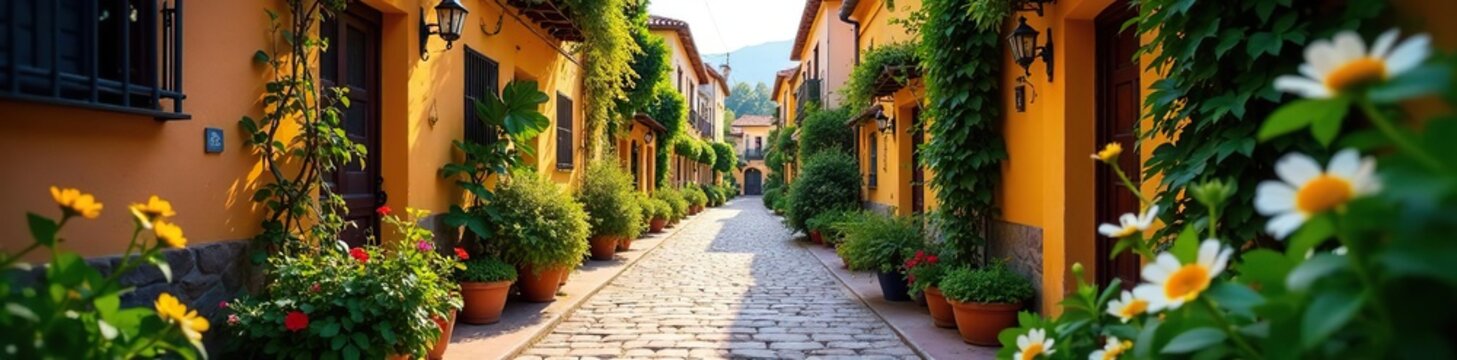 Calle empedrada con paseos y jardines en flor, calzada, callej?n