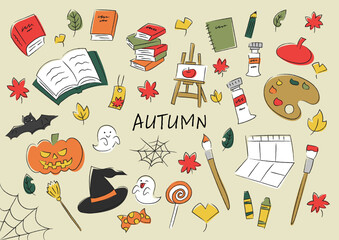 秋のものを集めた手描きイラストセット